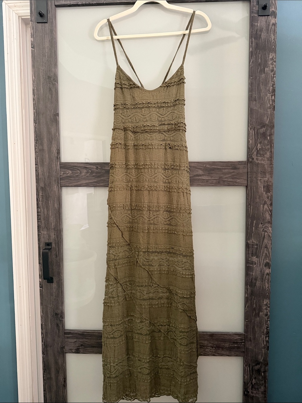 $50 msrp NWT Forever21 boho Me Jane Olive Lace Maxi Slip Dress with open back xl